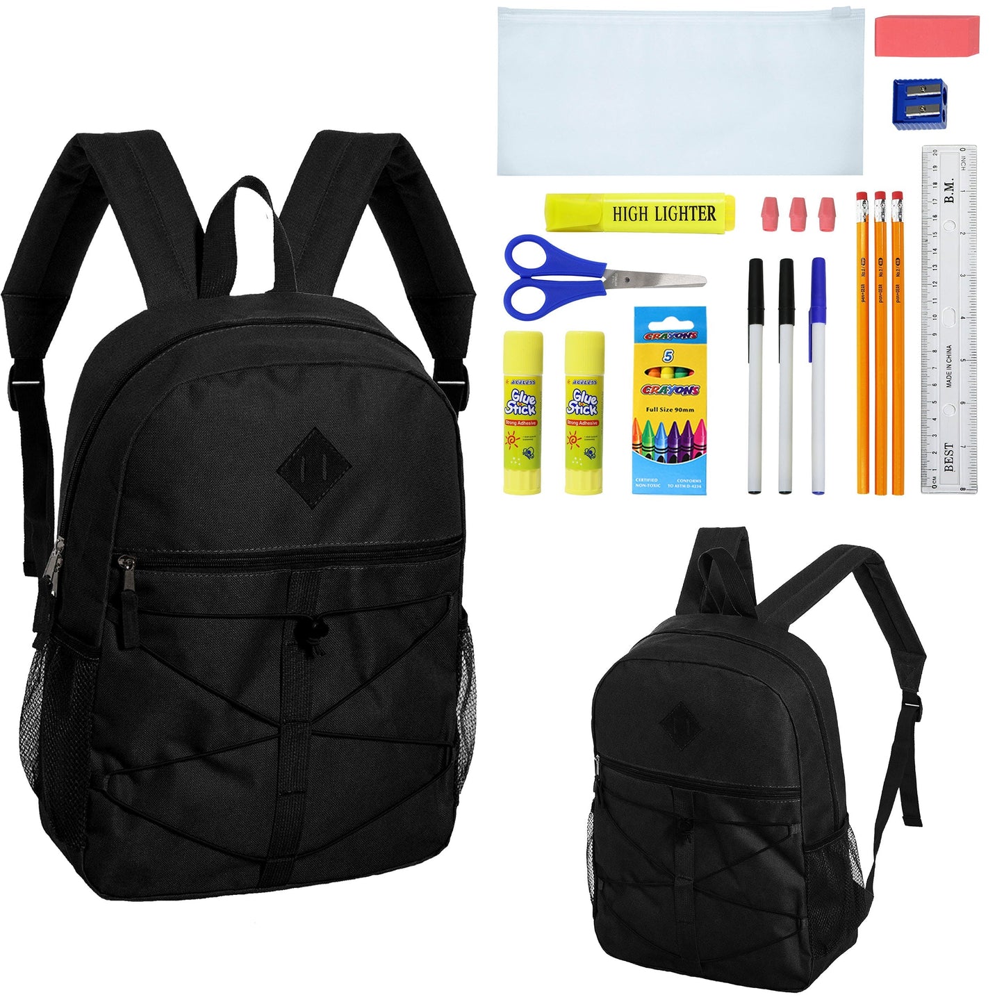 12 Wholesale 18 'Bungee Rucksäcke in Schwarz & 12 Bulk School Supply Kits Ihrer Wahl