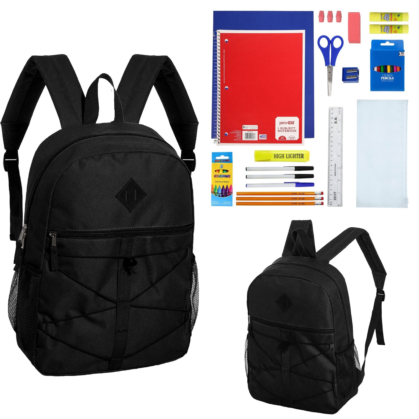 12 Wholesale 18 'Bungee Rucksäcke in Schwarz & 12 Bulk School Supply Kits Ihrer Wahl