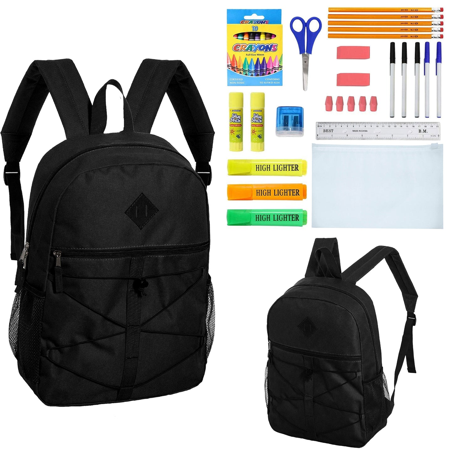 12 Wholesale 18 'Bungee Rucksäcke in Schwarz & 12 Bulk School Supply Kits Ihrer Wahl