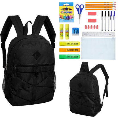 12 Wholesale 18 'Bungee Rucksäcke in Schwarz & 12 Bulk School Supply Kits Ihrer Wahl