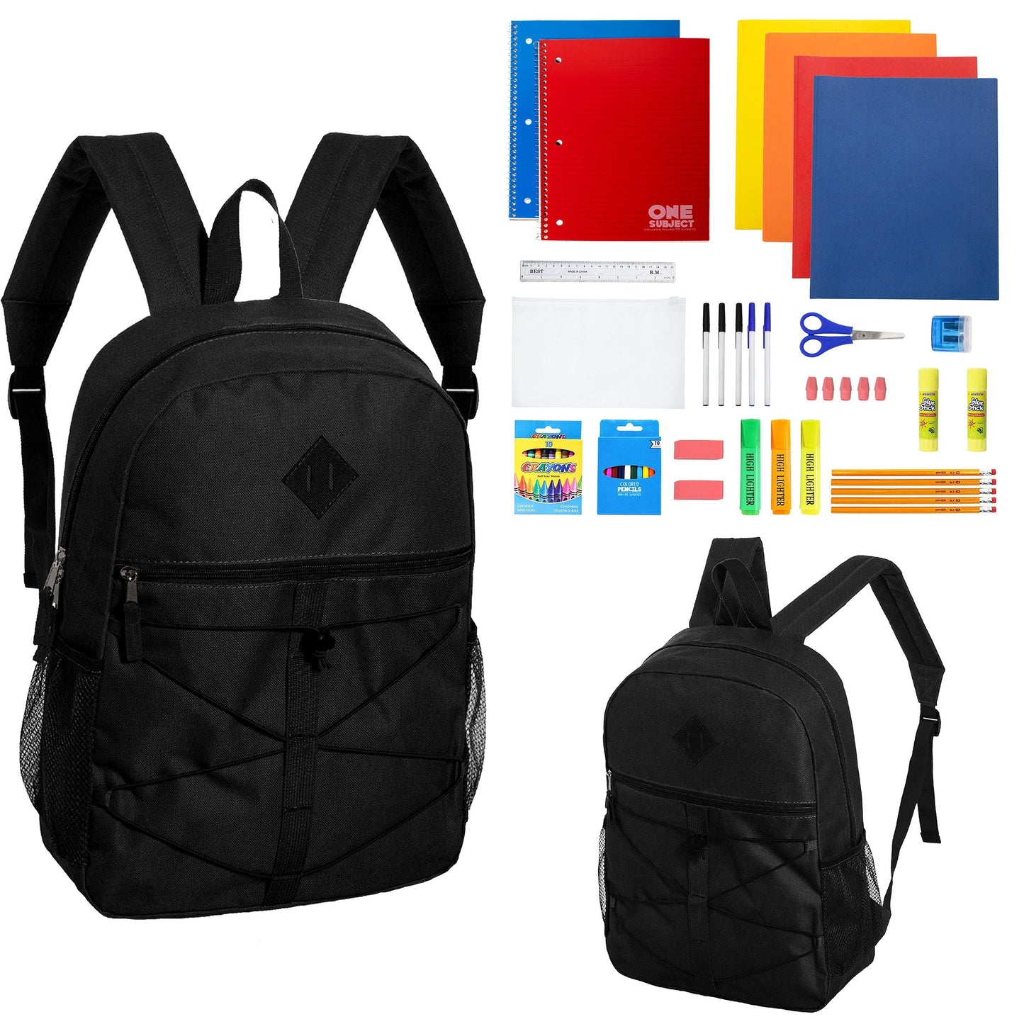 12 Wholesale 18 'Bungee Rucksäcke in Schwarz & 12 Bulk School Supply Kits Ihrer Wahl