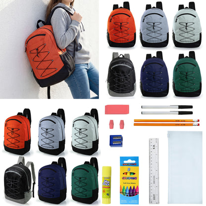 12 Wholesale 19 'Bungee Rucksack in 6 Farben & 12 Bulk School Supply Kits Ihrer Wahl