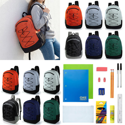 12 Wholesale 19 'Bungee Rucksack in 6 Farben & 12 Bulk School Supply Kits Ihrer Wahl