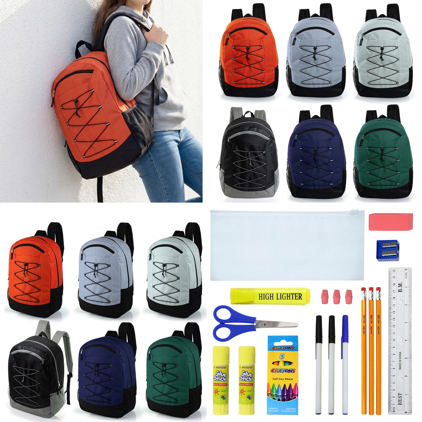 12 Wholesale 19 'Bungee Rucksack in 6 Farben & 12 Bulk School Supply Kits Ihrer Wahl