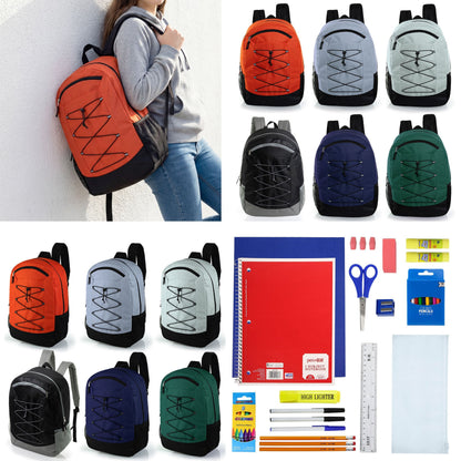 12 Wholesale 19 'Bungee Rucksack in 6 Farben & 12 Bulk School Supply Kits Ihrer Wahl