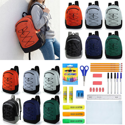 12 Wholesale 19 'Bungee Rucksack in 6 Farben & 12 Bulk School Supply Kits Ihrer Wahl