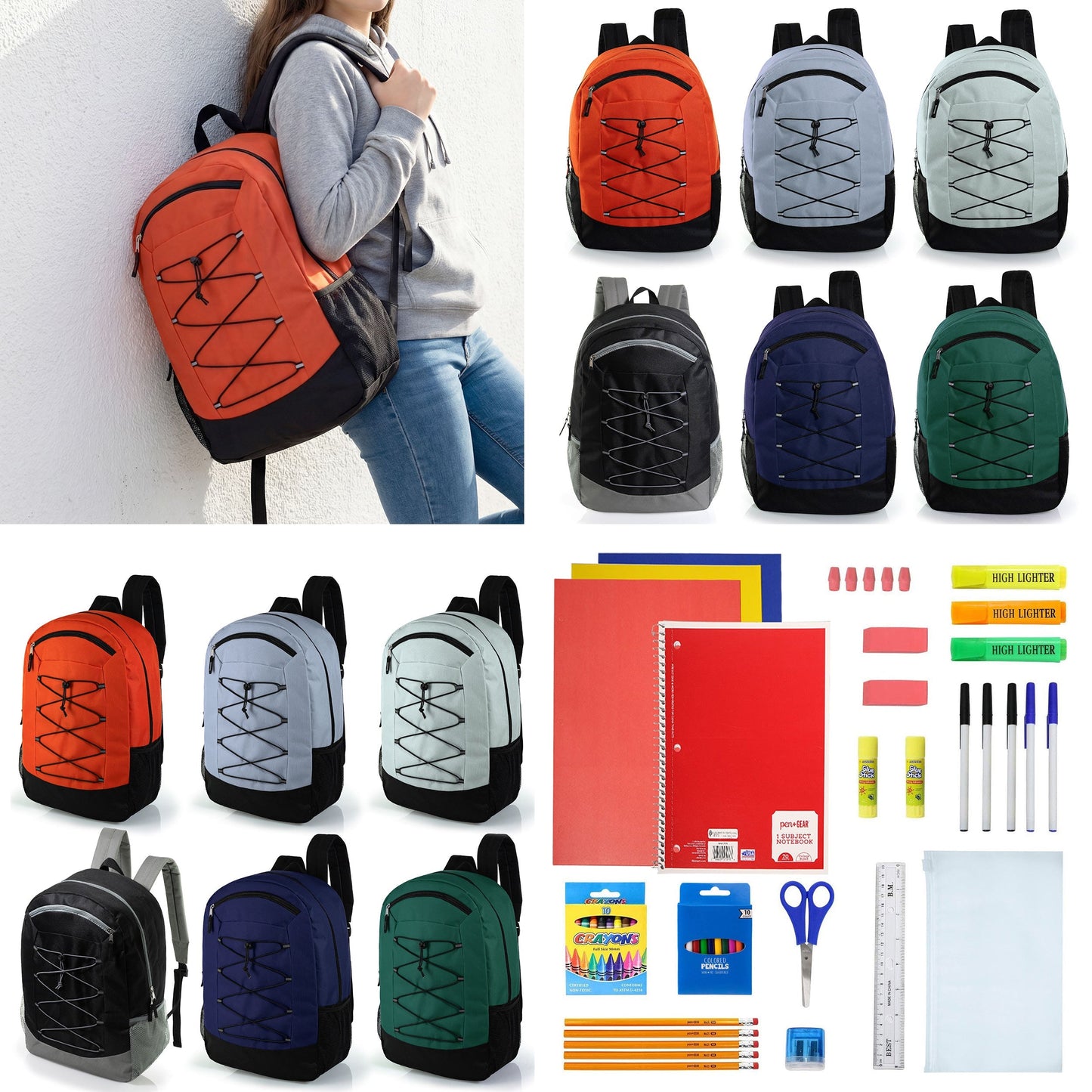12 Wholesale 19 'Bungee Rucksack in 6 Farben & 12 Bulk School Supply Kits Ihrer Wahl