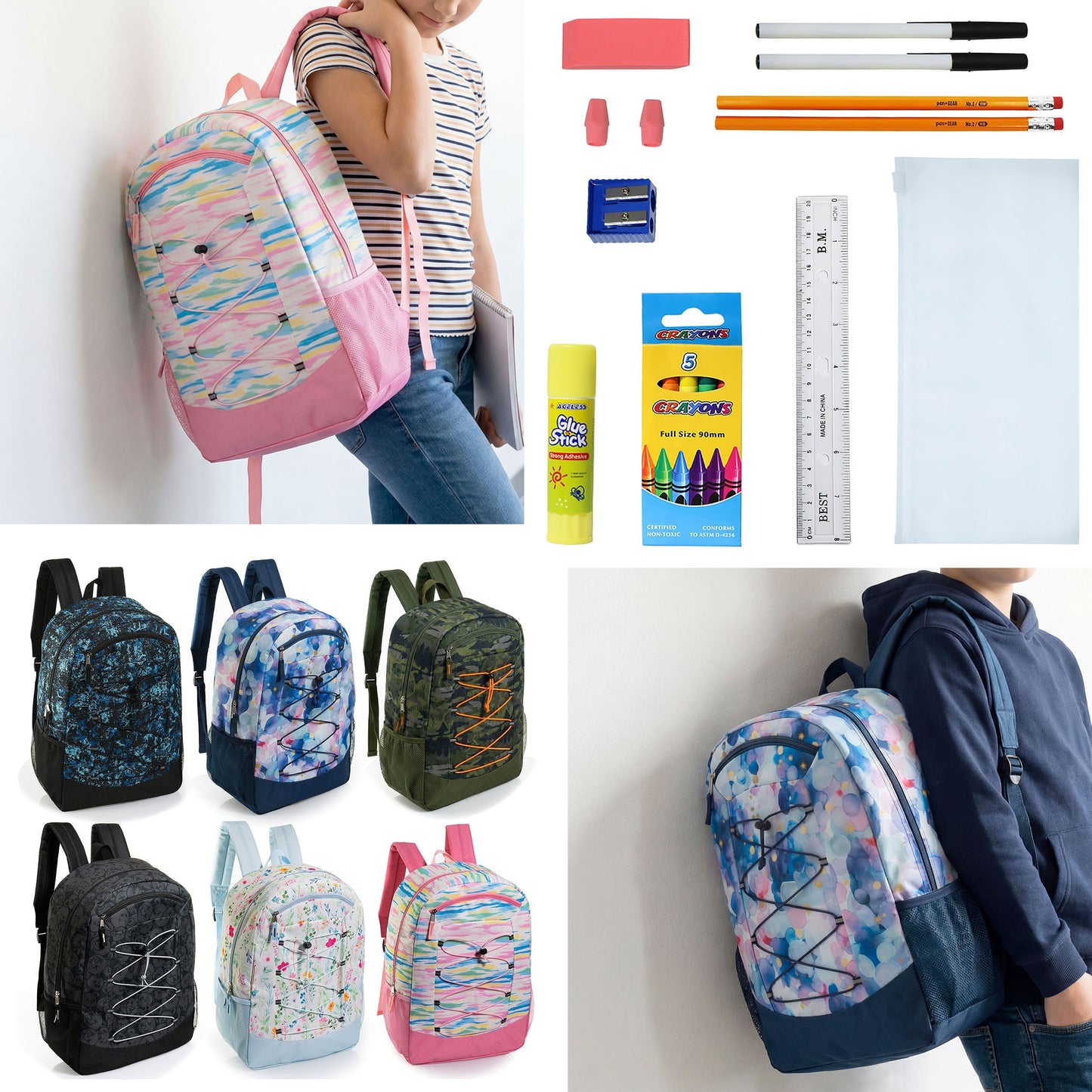 12 Wholesale 19 'Bungee Rucksack in 6 Mustern & 12 Bulk School Supply Kits Ihrer Wahl