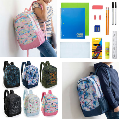 12 Wholesale 19 'Bungee Rucksack in 6 Mustern & 12 Bulk School Supply Kits Ihrer Wahl