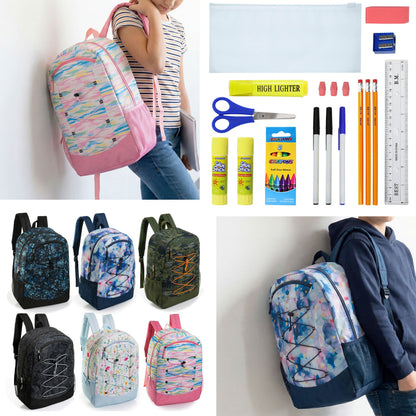 12 Wholesale 19 'Bungee Rucksack in 6 Mustern & 12 Bulk School Supply Kits Ihrer Wahl