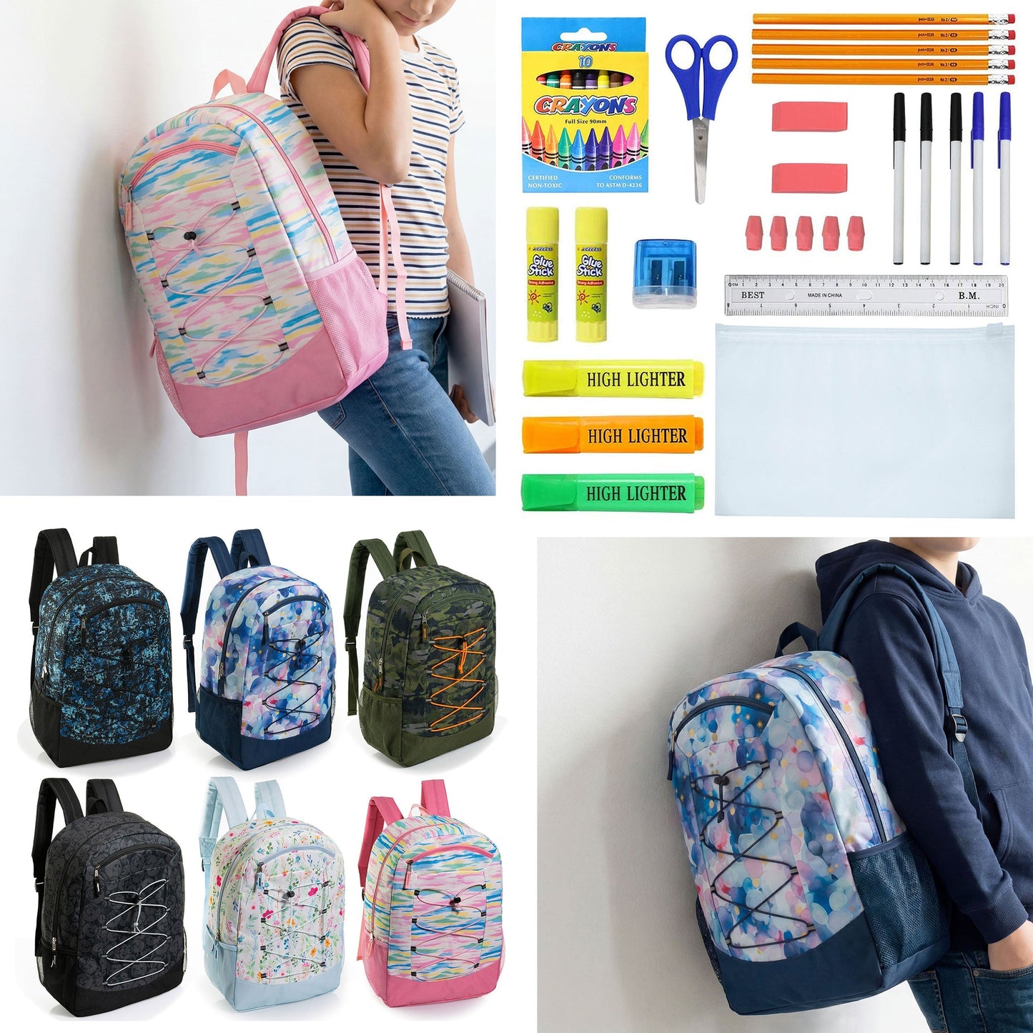 12 Wholesale 19 'Bungee Rucksack in 6 Mustern & 12 Bulk School Supply Kits Ihrer Wahl