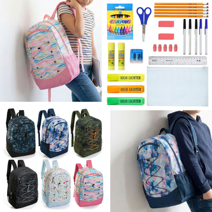 12 Wholesale 19 'Bungee Rucksack in 6 Mustern & 12 Bulk School Supply Kits Ihrer Wahl