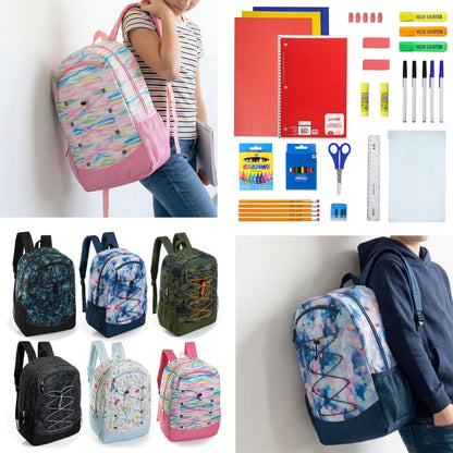 12 Wholesale 19 'Bungee Rucksack in 6 Mustern & 12 Bulk School Supply Kits Ihrer Wahl