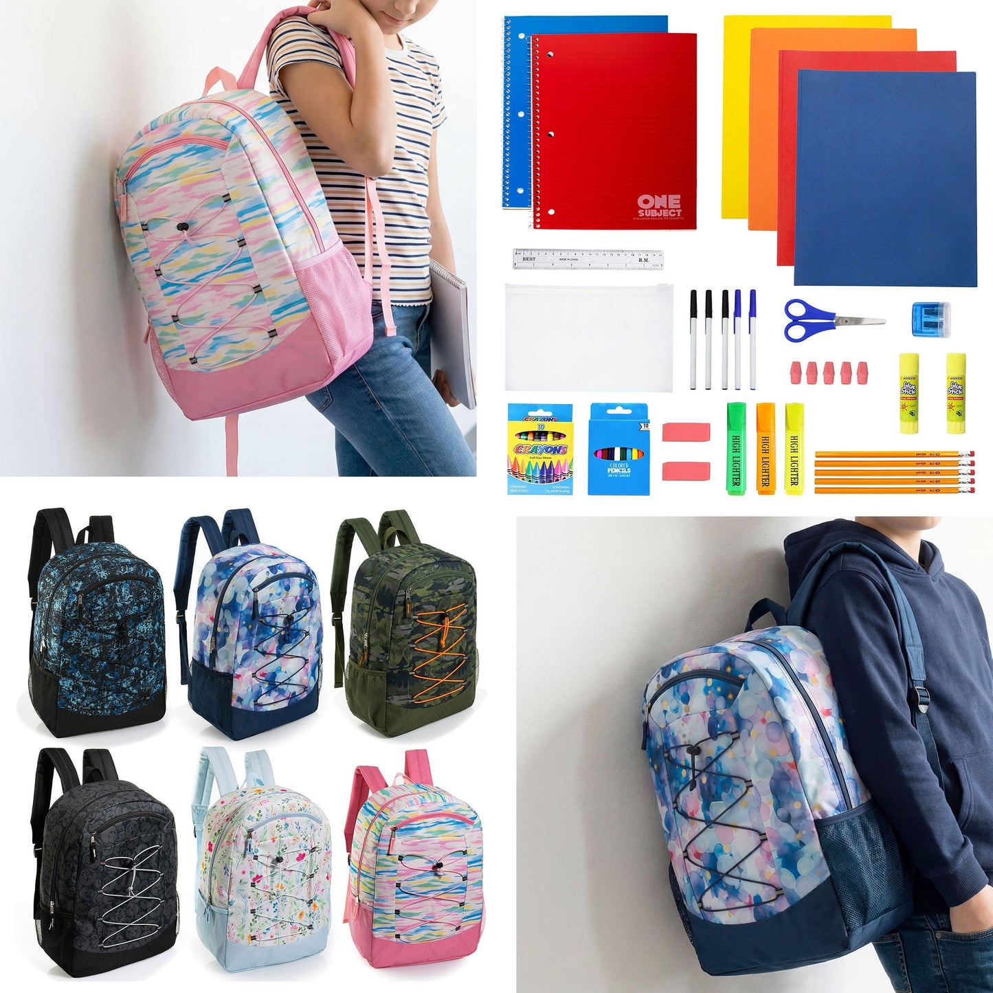 12 Wholesale 19 'Bungee Rucksack in 6 Mustern & 12 Bulk School Supply Kits Ihrer Wahl