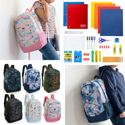 12 Wholesale 19 'Bungee Rucksack in 6 Mustern & 12 Bulk School Supply Kits Ihrer Wahl