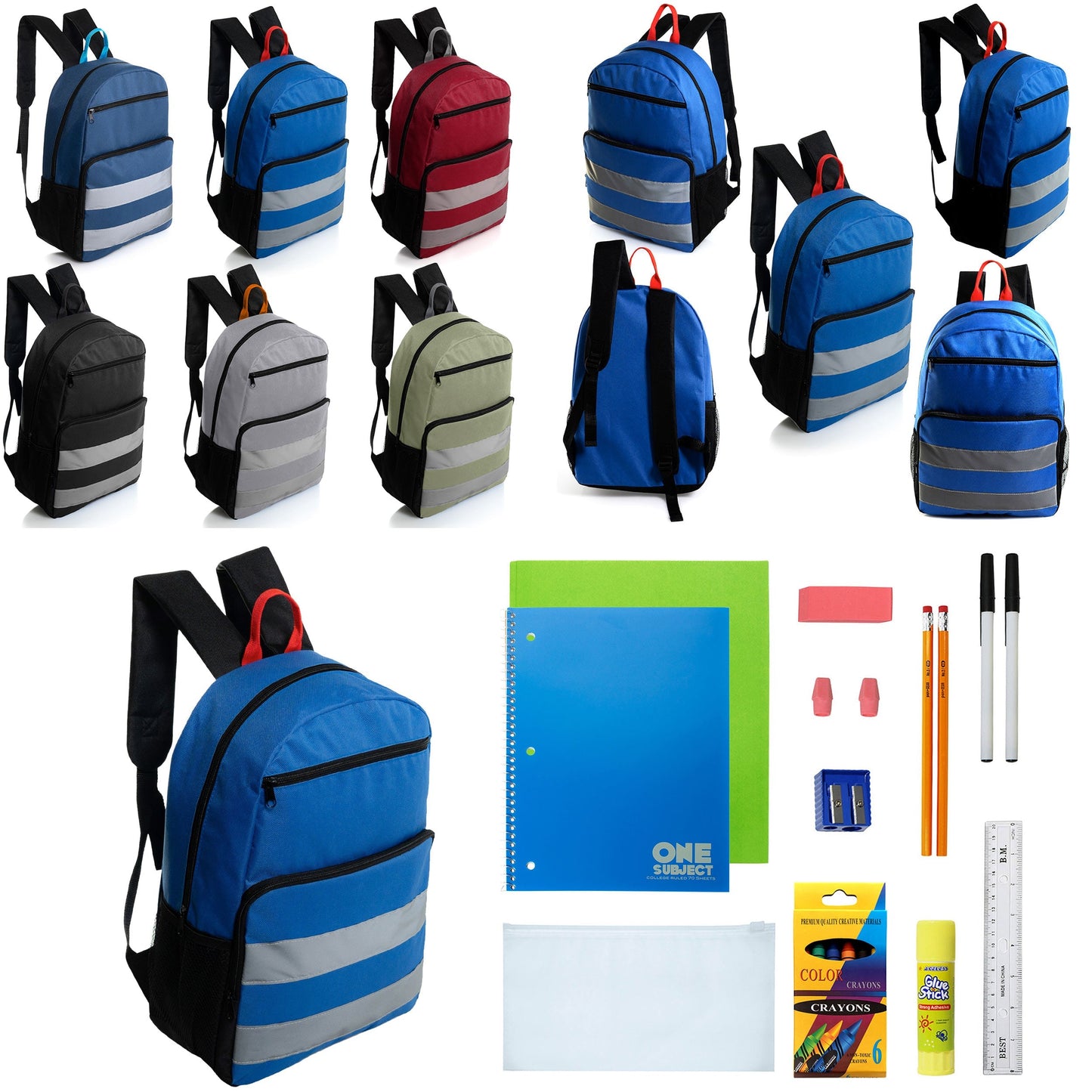 12 Großhandels-17' Reflektierende Rucksäcke in verschiedenen Farben & 12 Bulk School Supply Kits Ihrer Wahl