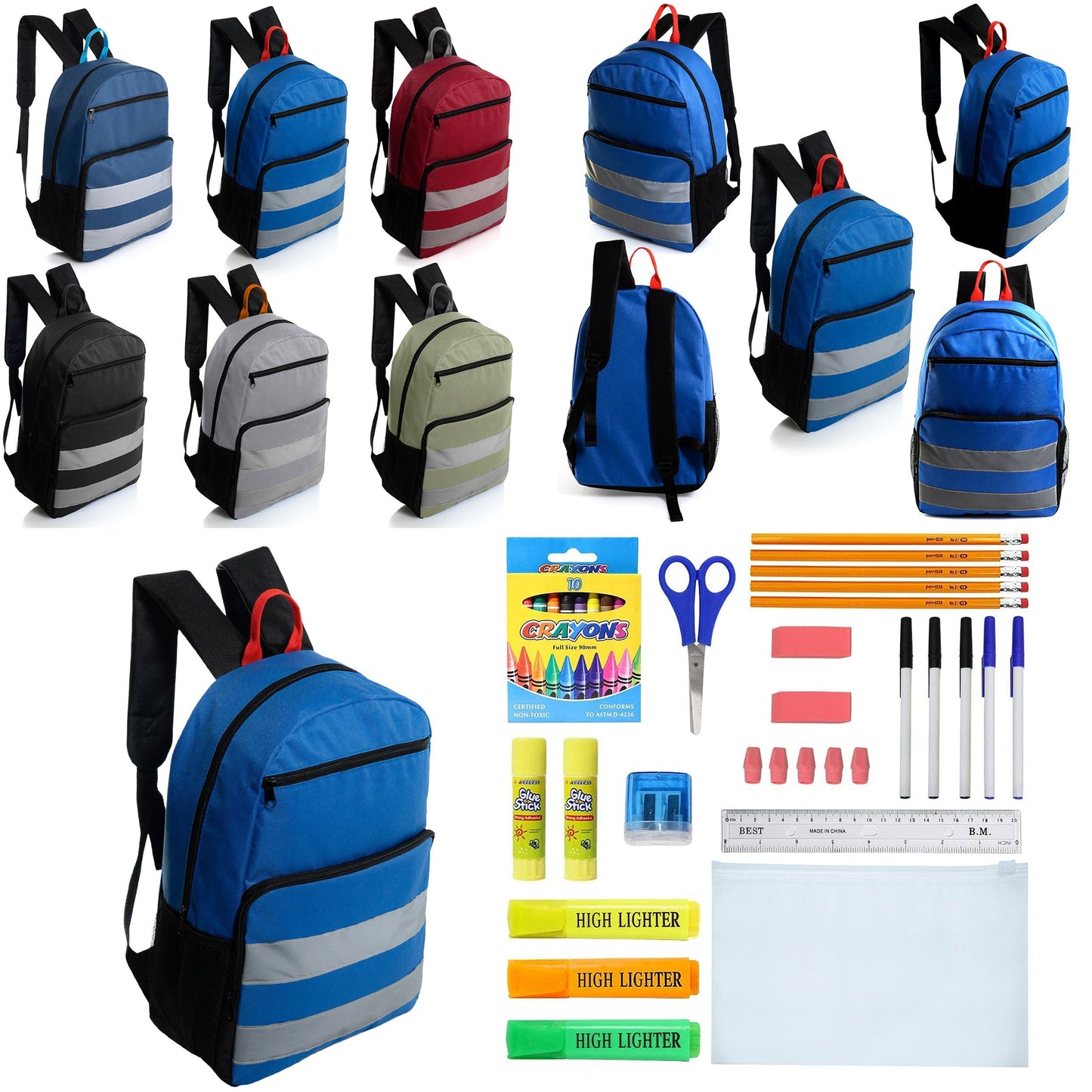 12 Großhandels-17' Reflektierende Rucksäcke in verschiedenen Farben & 12 Bulk School Supply Kits Ihrer Wahl