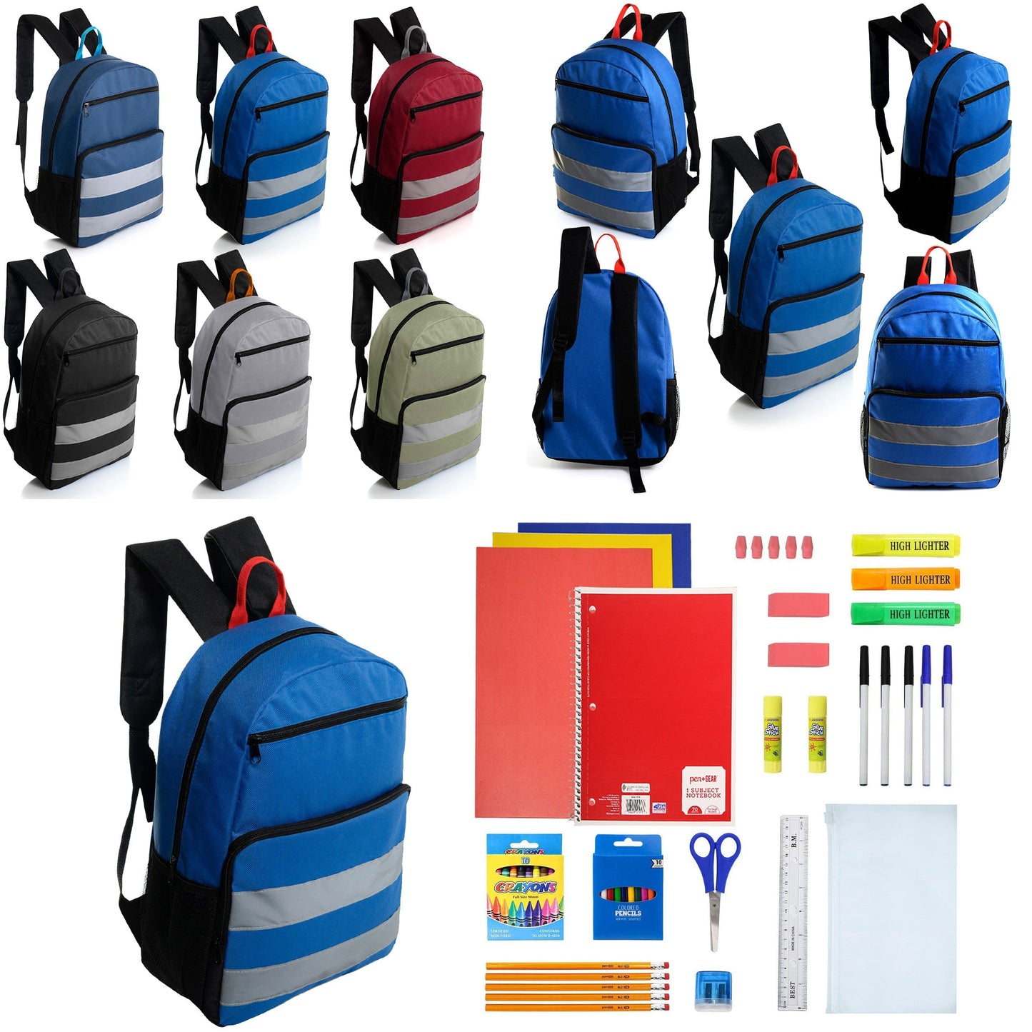 12 Großhandels-17' Reflektierende Rucksäcke in verschiedenen Farben & 12 Bulk School Supply Kits Ihrer Wahl
