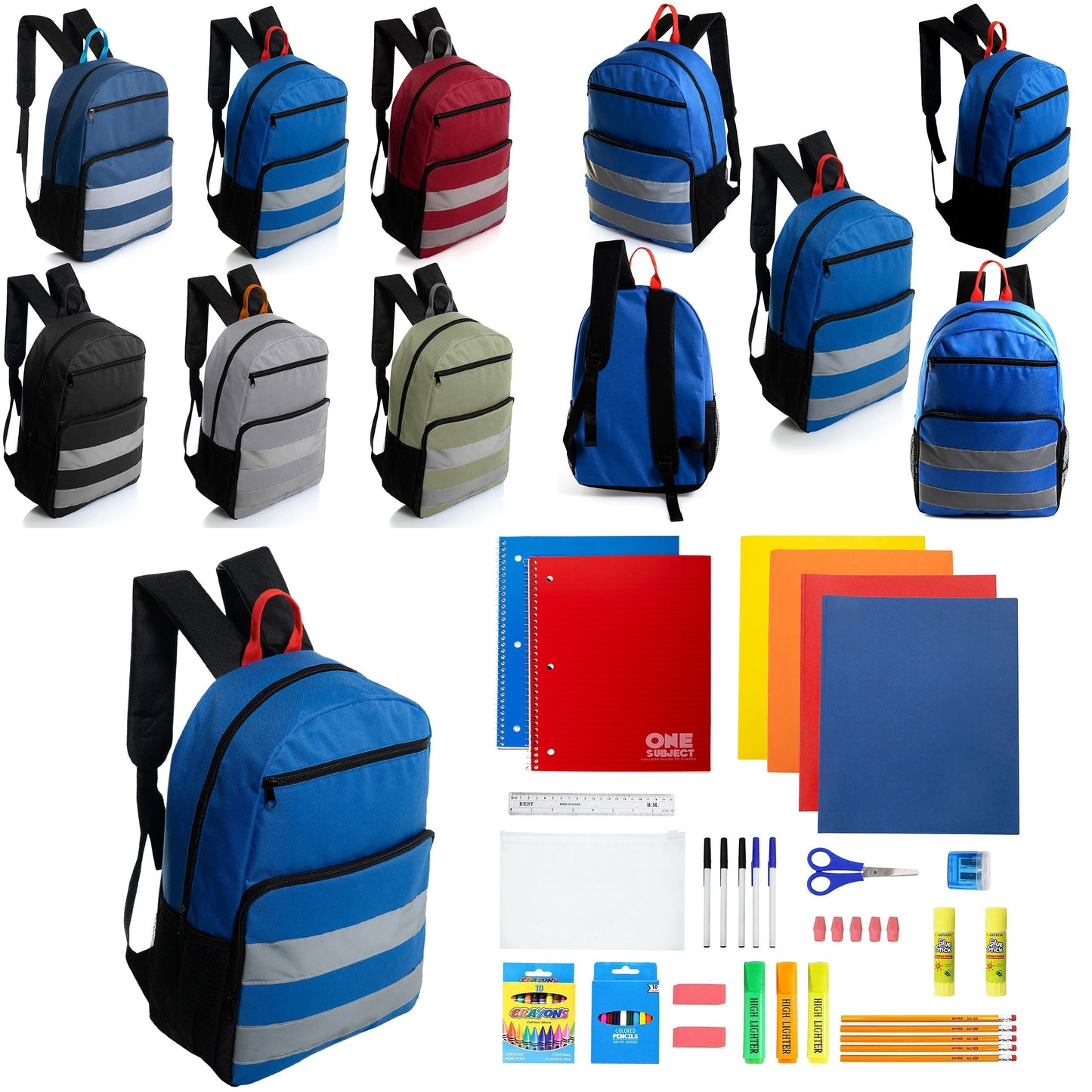 12 Großhandels-17' Reflektierende Rucksäcke in verschiedenen Farben & 12 Bulk School Supply Kits Ihrer Wahl