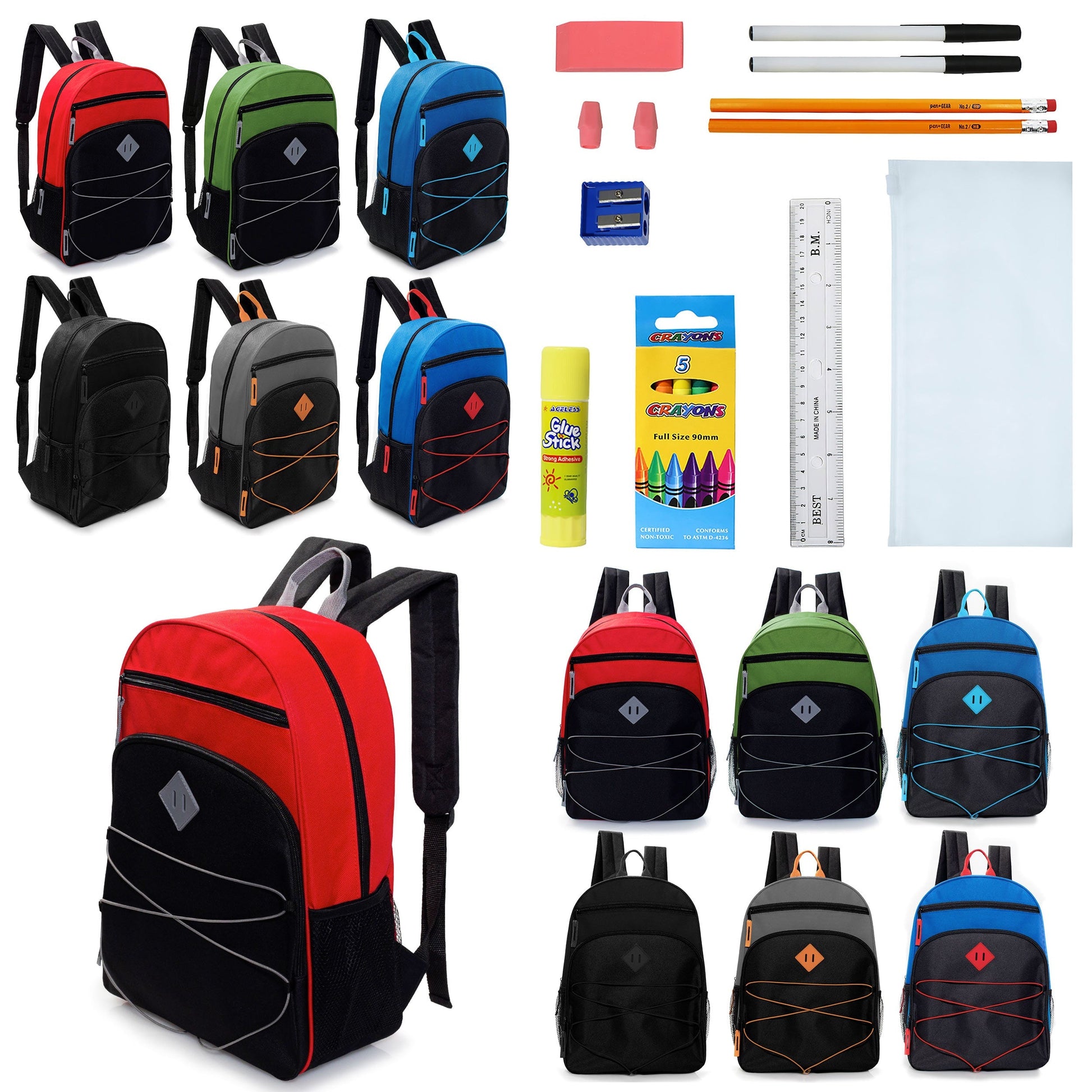 12 Wholesale 17' Bungee Rucksäcke mit Side Pockets & 12 Bulk School Supply Kits Ihrer Wahl