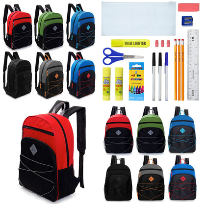 12 Wholesale 17' Bungee Rucksäcke mit Side Pockets & 12 Bulk School Supply Kits Ihrer Wahl