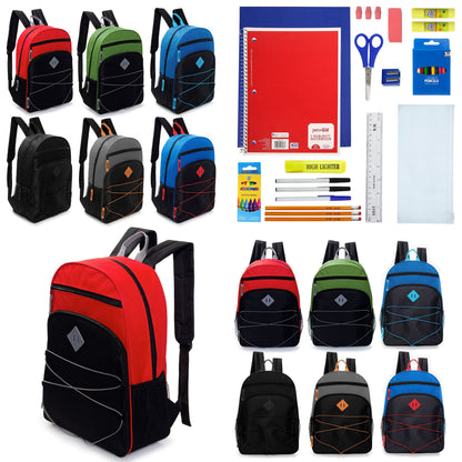 12 Wholesale 17' Bungee Rucksäcke mit Side Pockets & 12 Bulk School Supply Kits Ihrer Wahl