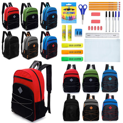 12 Wholesale 17' Bungee Rucksäcke mit Side Pockets & 12 Bulk School Supply Kits Ihrer Wahl
