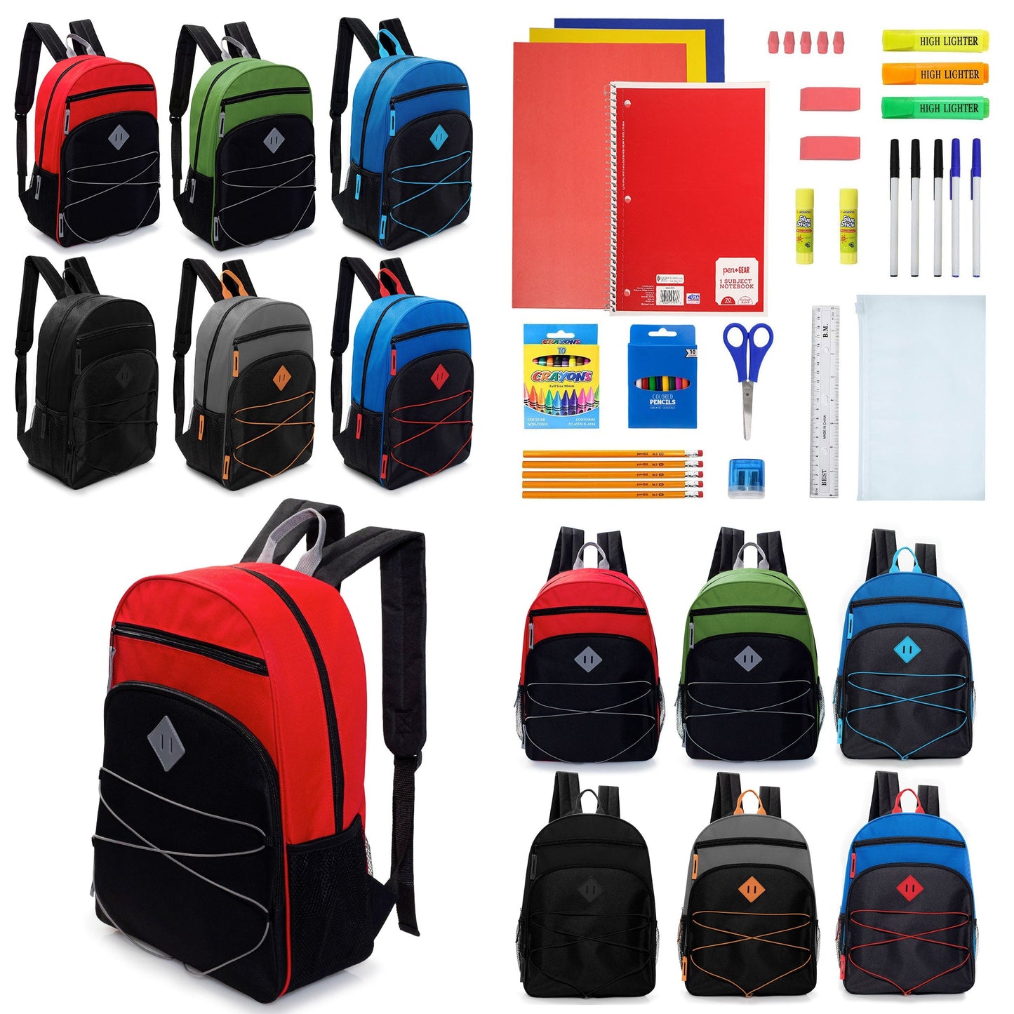 12 Wholesale 17' Bungee Rucksäcke mit Side Pockets & 12 Bulk School Supply Kits Ihrer Wahl