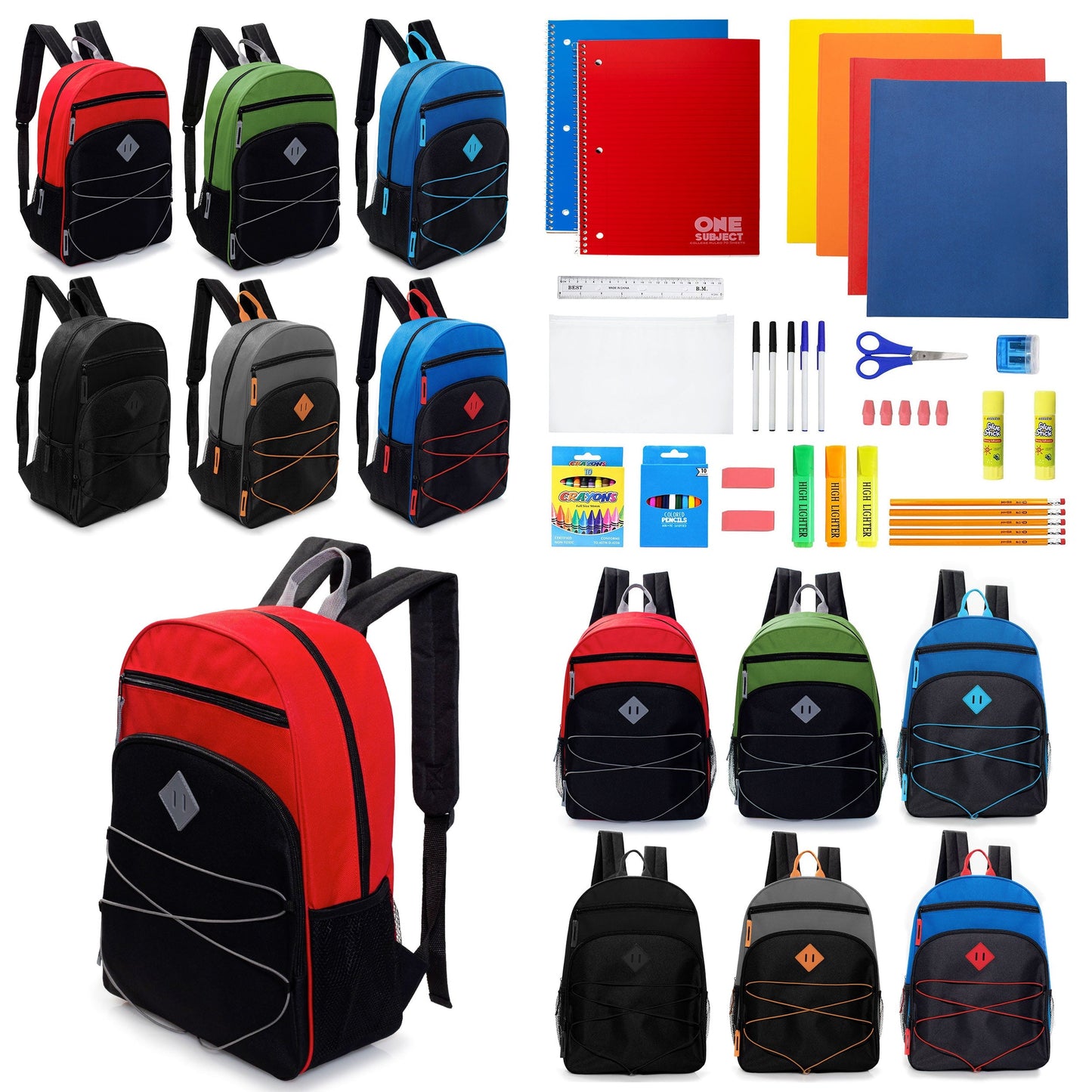12 Wholesale 17' Bungee Rucksäcke mit Side Pockets & 12 Bulk School Supply Kits Ihrer Wahl
