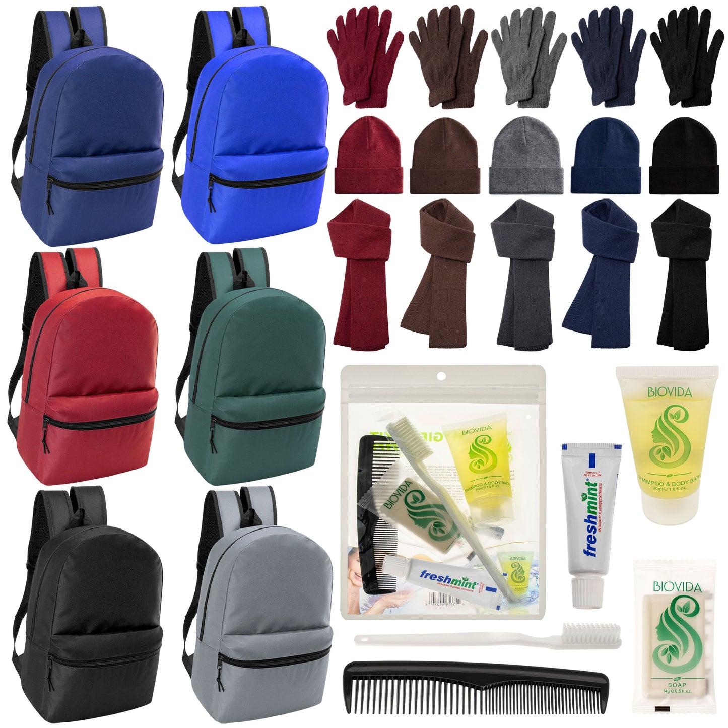 12 Basic 17 'Rucksäcke in 6 Farben, 12 Winterartikel-Sets und Ihre Wahl von 12 Bulk Hygiene Kits - Großhandels-Obdachlosenpflegepaket