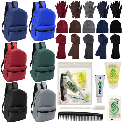 12 Basic 17 'Rucksäcke in 6 Farben, 12 Winterartikel-Sets und Ihre Wahl von 12 Bulk Hygiene Kits - Großhandels-Obdachlosenpflegepaket