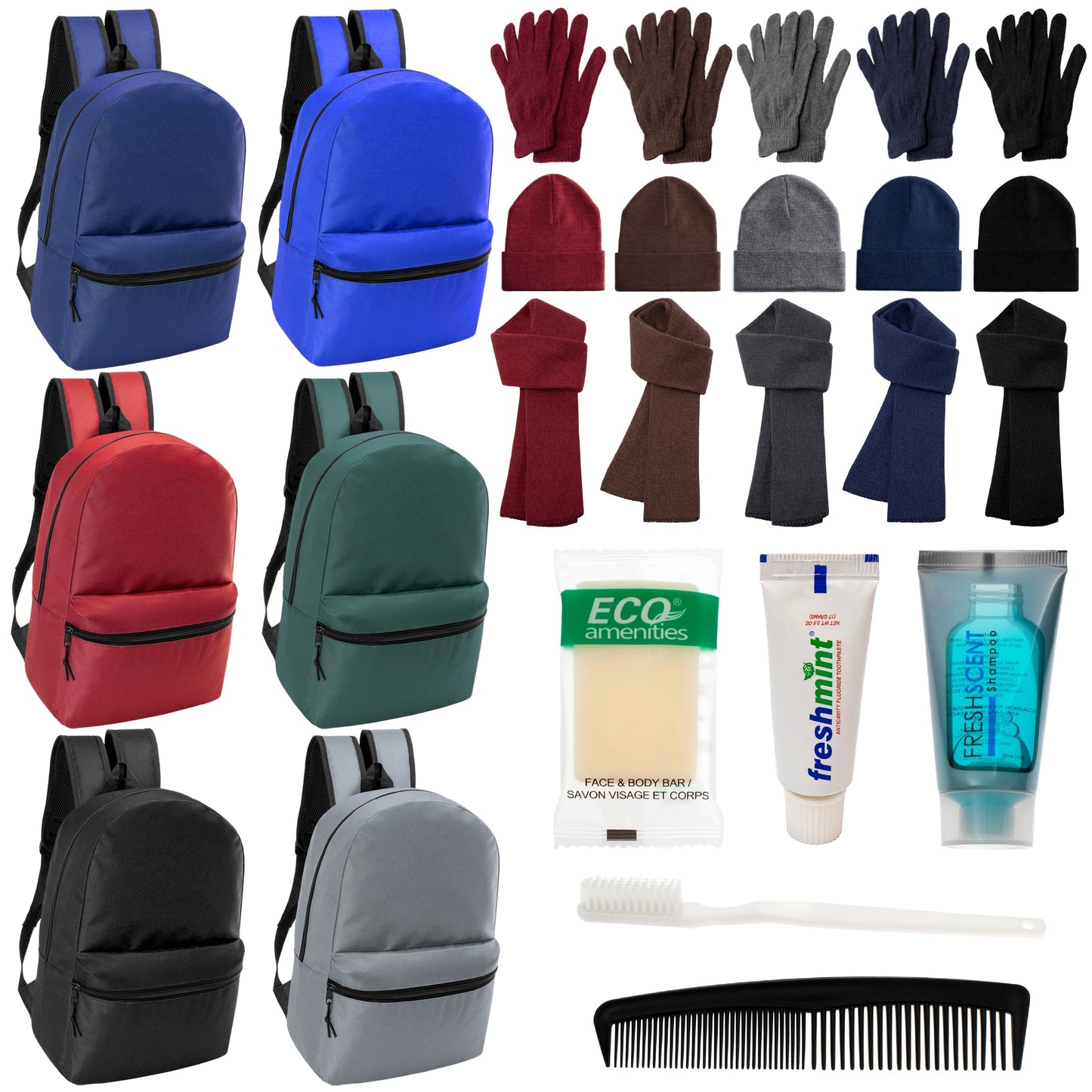 12 Basic 17 'Rucksäcke in 6 Farben, 12 Winterartikel-Sets und Ihre Wahl von 12 Bulk Hygiene Kits - Großhandels-Obdachlosenpflegepaket