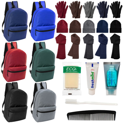 12 Basic 17 'Rucksäcke in 6 Farben, 12 Winterartikel-Sets und Ihre Wahl von 12 Bulk Hygiene Kits - Großhandels-Obdachlosenpflegepaket