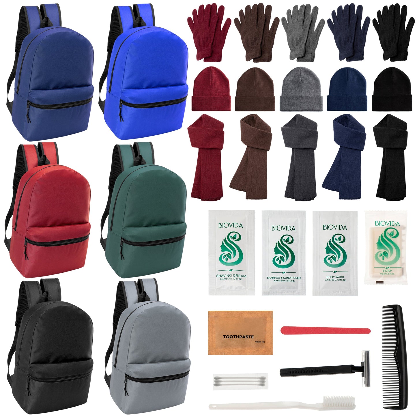 12 Basic 17 'Rucksäcke in 6 Farben, 12 Winterartikel-Sets und Ihre Wahl von 12 Bulk Hygiene Kits - Großhandels-Obdachlosenpflegepaket