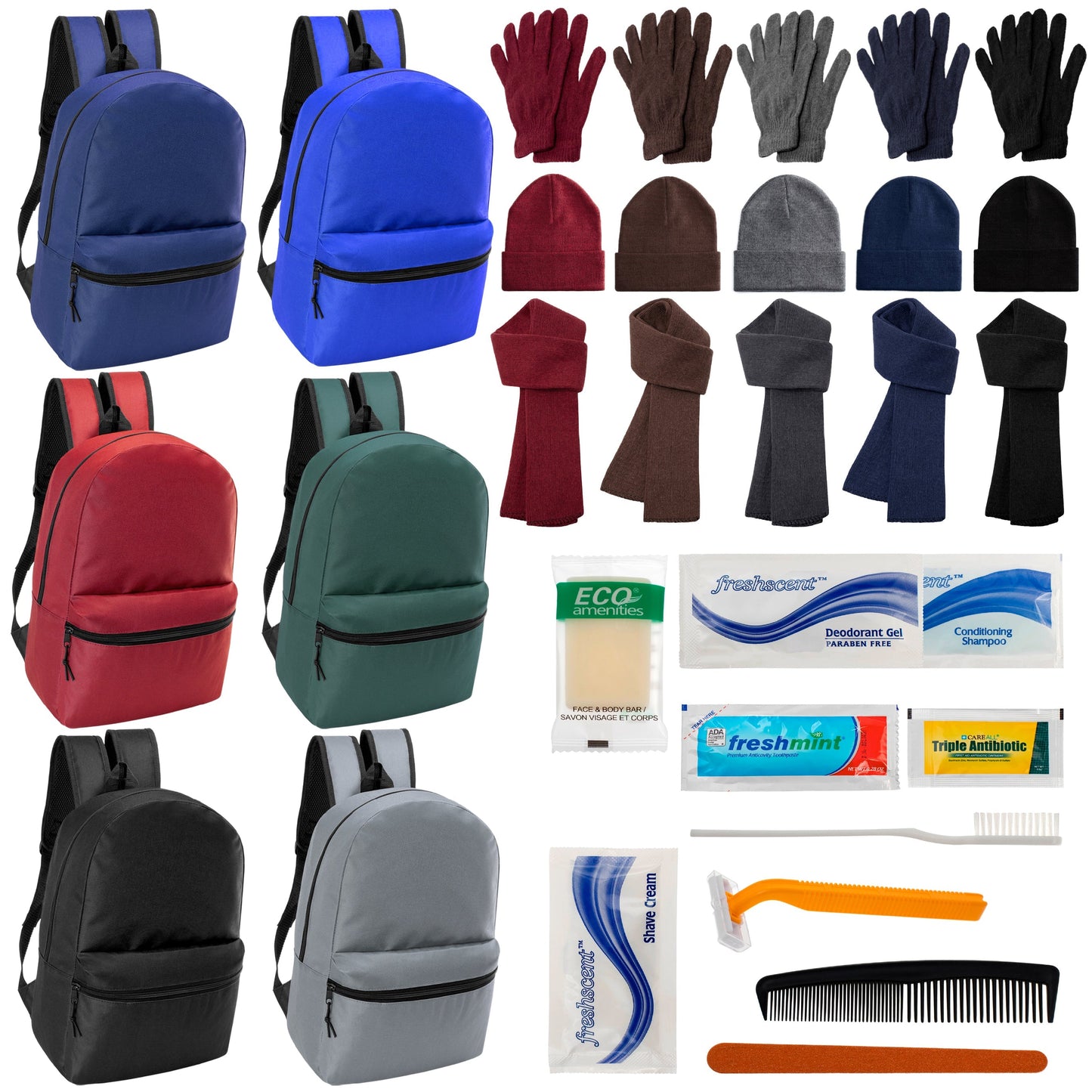 12 Basic 17 'Rucksäcke in 6 Farben, 12 Winterartikel-Sets und Ihre Wahl von 12 Bulk Hygiene Kits - Großhandels-Obdachlosenpflegepaket