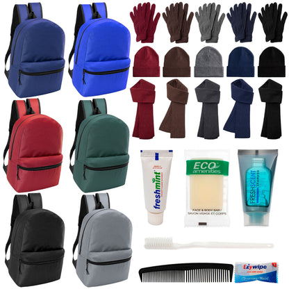 12 Basic 17 'Rucksäcke in 6 Farben, 12 Winterartikel-Sets und Ihre Wahl von 12 Bulk Hygiene Kits - Großhandels-Obdachlosenpflegepaket