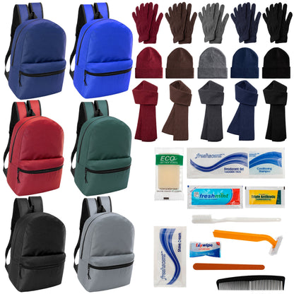 12 Basic 17 'Rucksäcke in 6 Farben, 12 Winterartikel-Sets und Ihre Wahl von 12 Bulk Hygiene Kits - Großhandels-Obdachlosenpflegepaket
