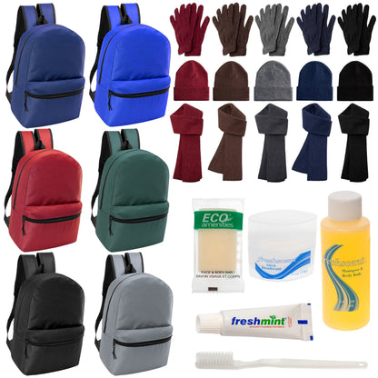 12 Basic 17 'Rucksäcke in 6 Farben, 12 Winterartikel-Sets und Ihre Wahl von 12 Bulk Hygiene Kits - Großhandels-Obdachlosenpflegepaket