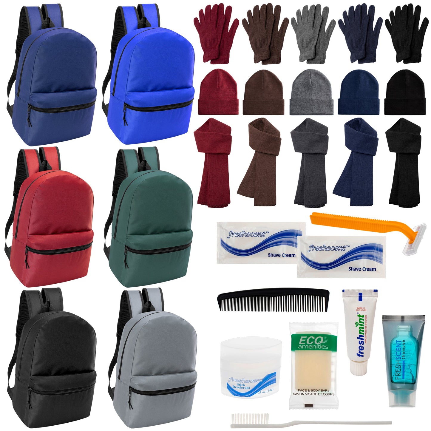 12 Basic 17 'Rucksäcke in 6 Farben, 12 Winterartikel-Sets und Ihre Wahl von 12 Bulk Hygiene Kits - Großhandels-Obdachlosenpflegepaket