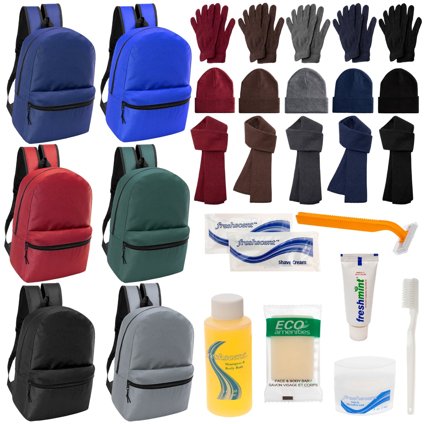 12 Basic 17 'Rucksäcke in 6 Farben, 12 Winterartikel-Sets und Ihre Wahl von 12 Bulk Hygiene Kits - Großhandels-Obdachlosenpflegepaket