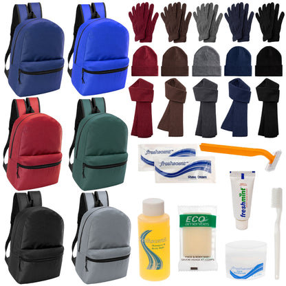 12 Basic 17 'Rucksäcke in 6 Farben, 12 Winterartikel-Sets und Ihre Wahl von 12 Bulk Hygiene Kits - Großhandels-Obdachlosenpflegepaket