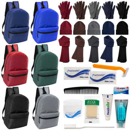 12 Basic 17 'Rucksäcke in 6 Farben, 12 Winterartikel-Sets und Ihre Wahl von 12 Bulk Hygiene Kits - Großhandels-Obdachlosenpflegepaket