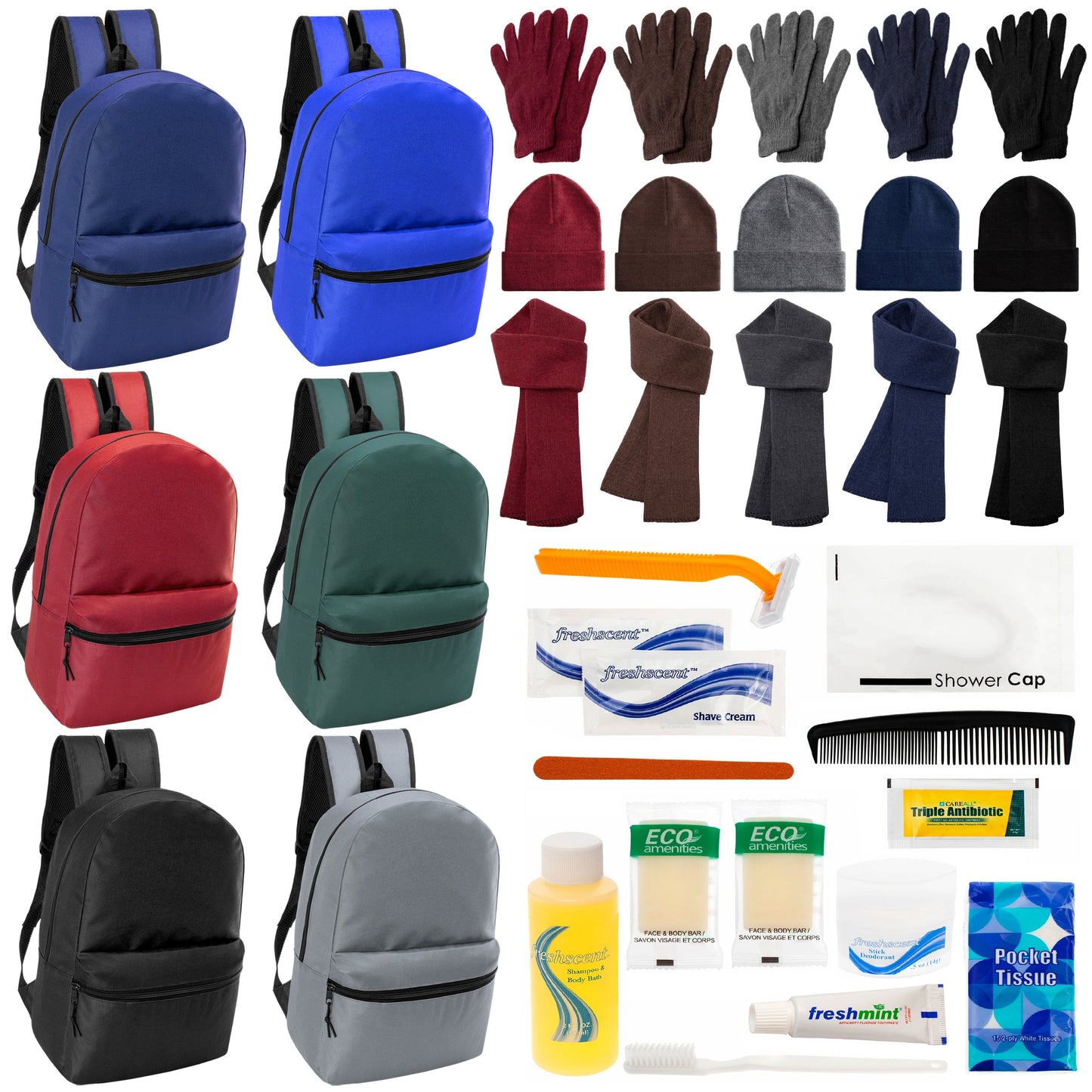 12 Basic 17 'Rucksäcke in 6 Farben, 12 Winterartikel-Sets und Ihre Wahl von 12 Bulk Hygiene Kits - Großhandels-Obdachlosenpflegepaket