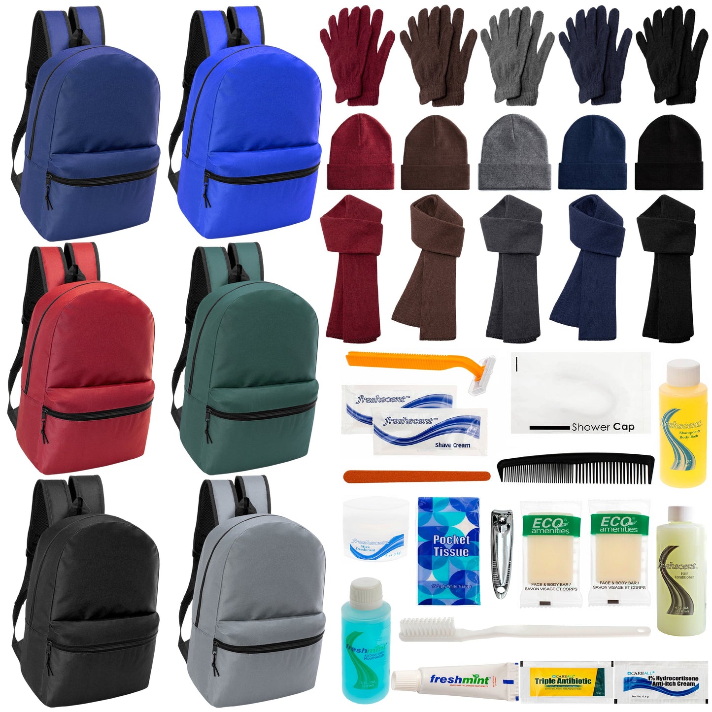 12 Basic 17 'Rucksäcke in 6 Farben, 12 Winterartikel-Sets und Ihre Wahl von 12 Bulk Hygiene Kits - Großhandels-Obdachlosenpflegepaket