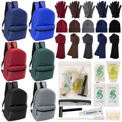 12 Basic 17 'Rucksäcke in 6 Farben, 12 Winterartikel-Sets und Ihre Wahl von 12 Bulk Hygiene Kits - Großhandels-Obdachlosenpflegepaket