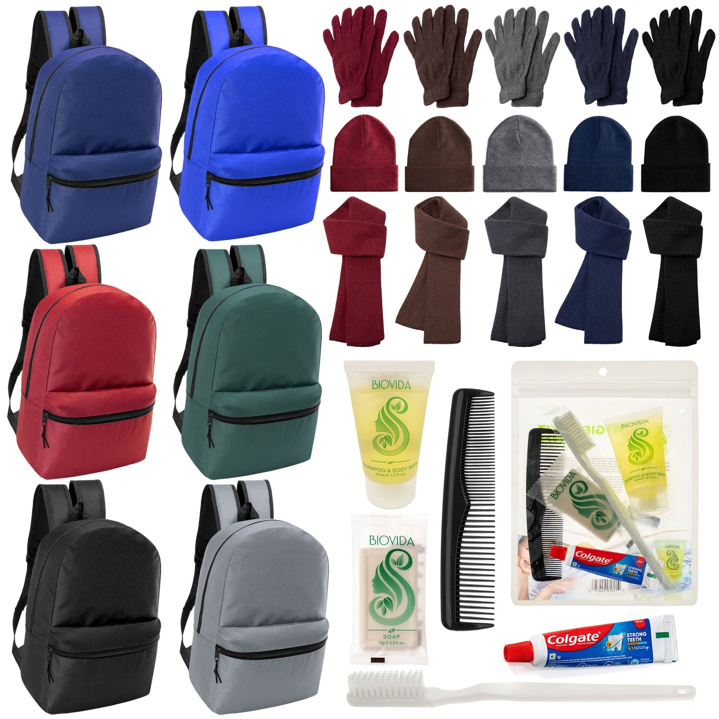 12 Basic 17 'Rucksäcke in 6 Farben, 12 Winterartikel-Sets und Ihre Wahl von 12 Bulk Hygiene Kits - Großhandels-Obdachlosenpflegepaket