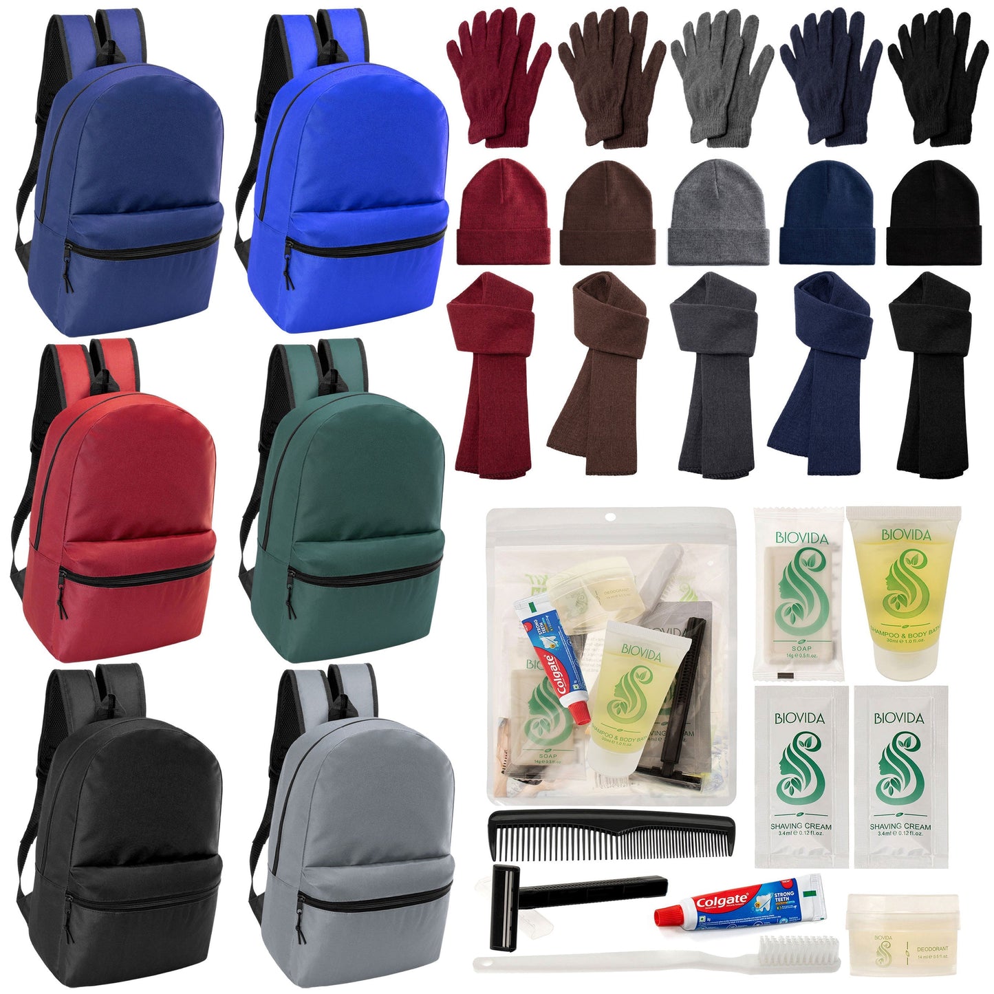 12 Basic 17 'Rucksäcke in 6 Farben, 12 Winterartikel-Sets und Ihre Wahl von 12 Bulk Hygiene Kits - Großhandels-Obdachlosenpflegepaket