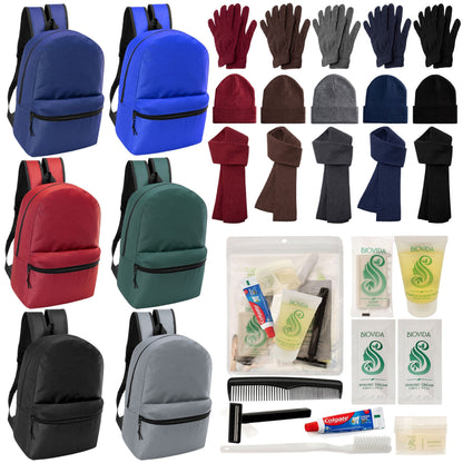 12 Basic 17 'Rucksäcke in 6 Farben, 12 Winterartikel-Sets und Ihre Wahl von 12 Bulk Hygiene Kits - Großhandels-Obdachlosenpflegepaket