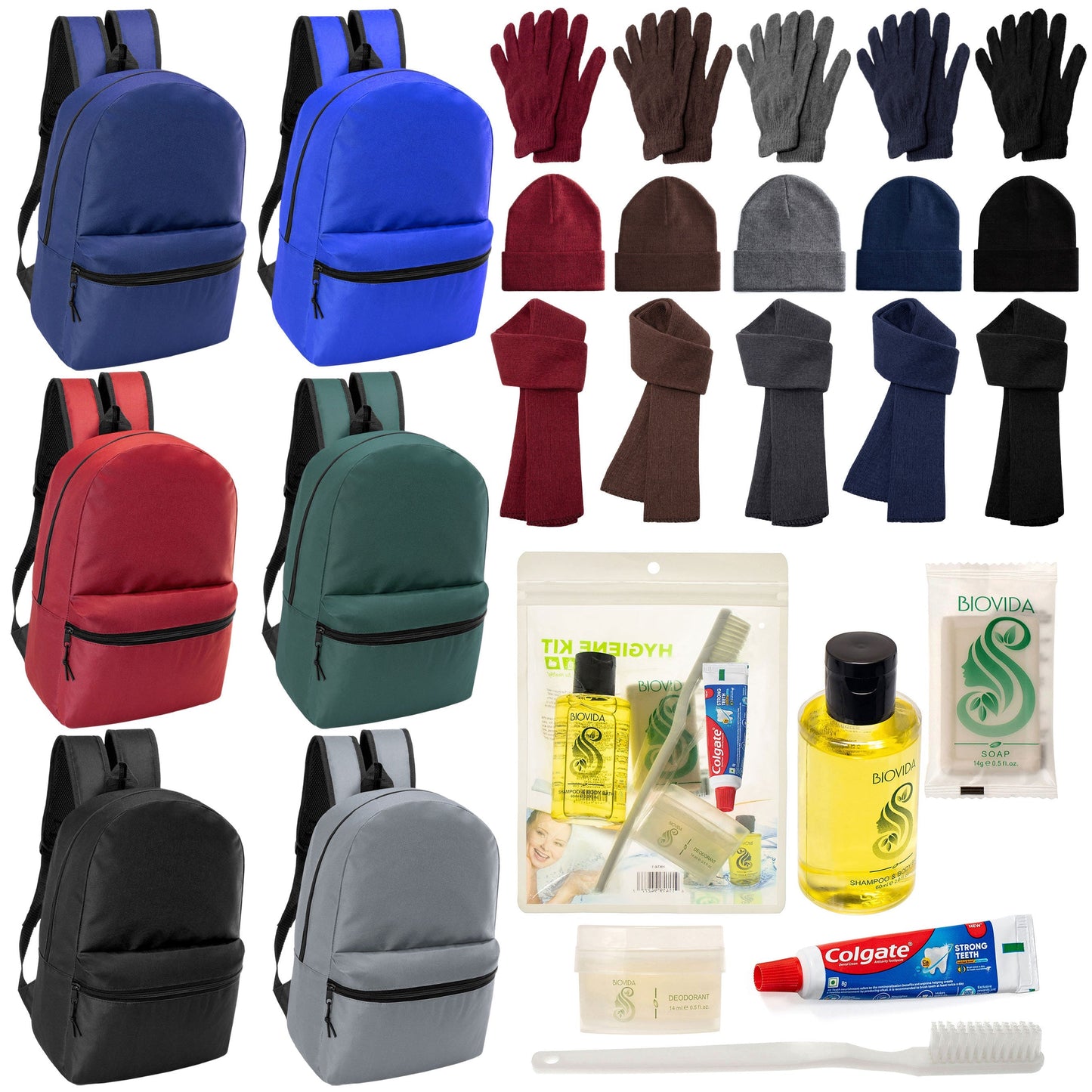 12 Basic 17 'Rucksäcke in 6 Farben, 12 Winterartikel-Sets und Ihre Wahl von 12 Bulk Hygiene Kits - Großhandels-Obdachlosenpflegepaket