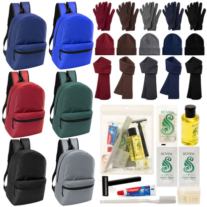 12 Basic 17 'Rucksäcke in 6 Farben, 12 Winterartikel-Sets und Ihre Wahl von 12 Bulk Hygiene Kits - Großhandels-Obdachlosenpflegepaket